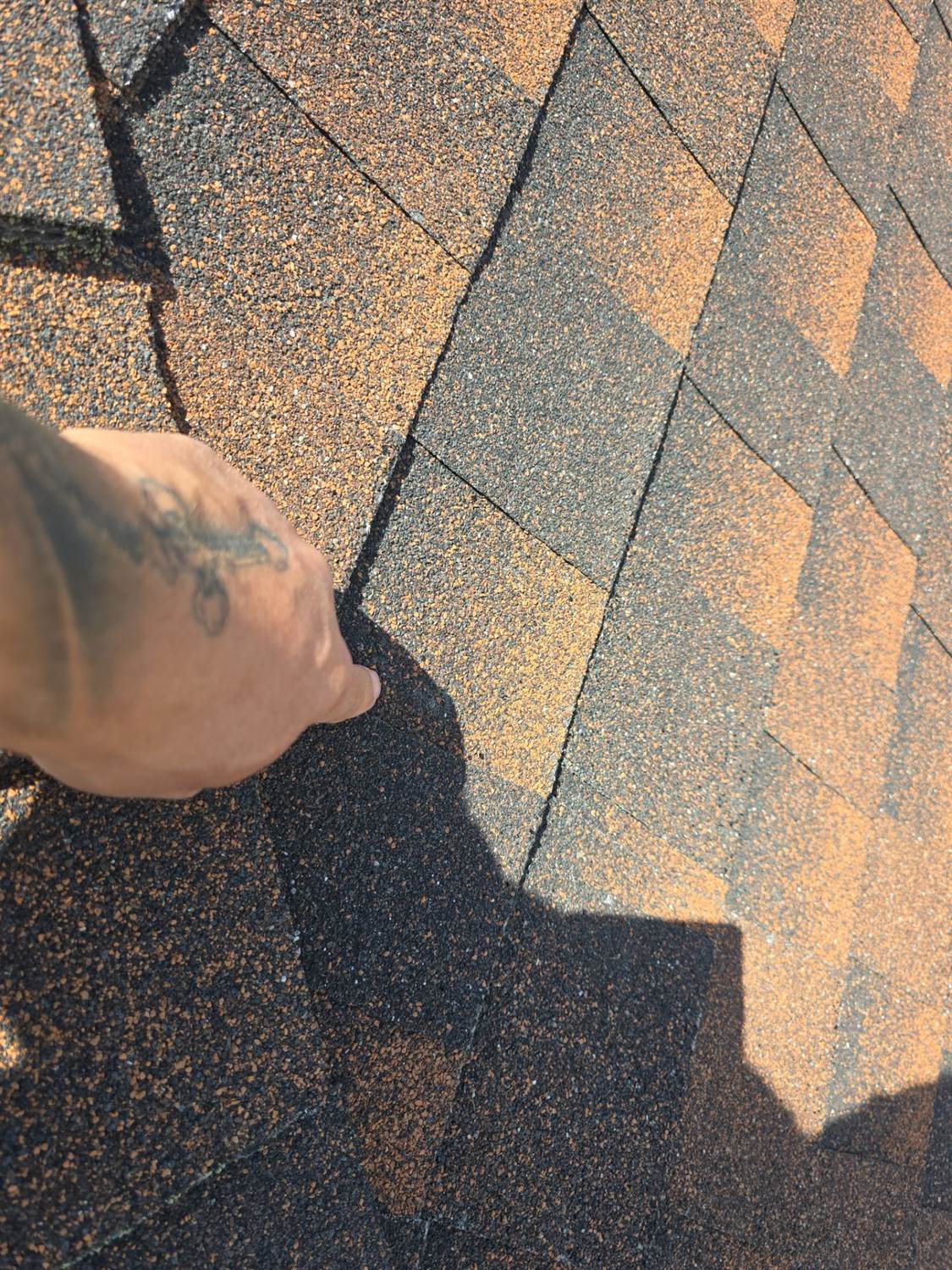 Bailey Roofing inspector pointing out a hail bruise found during a pre-closing inspection in Saddle Rock, Aurora, June 2025