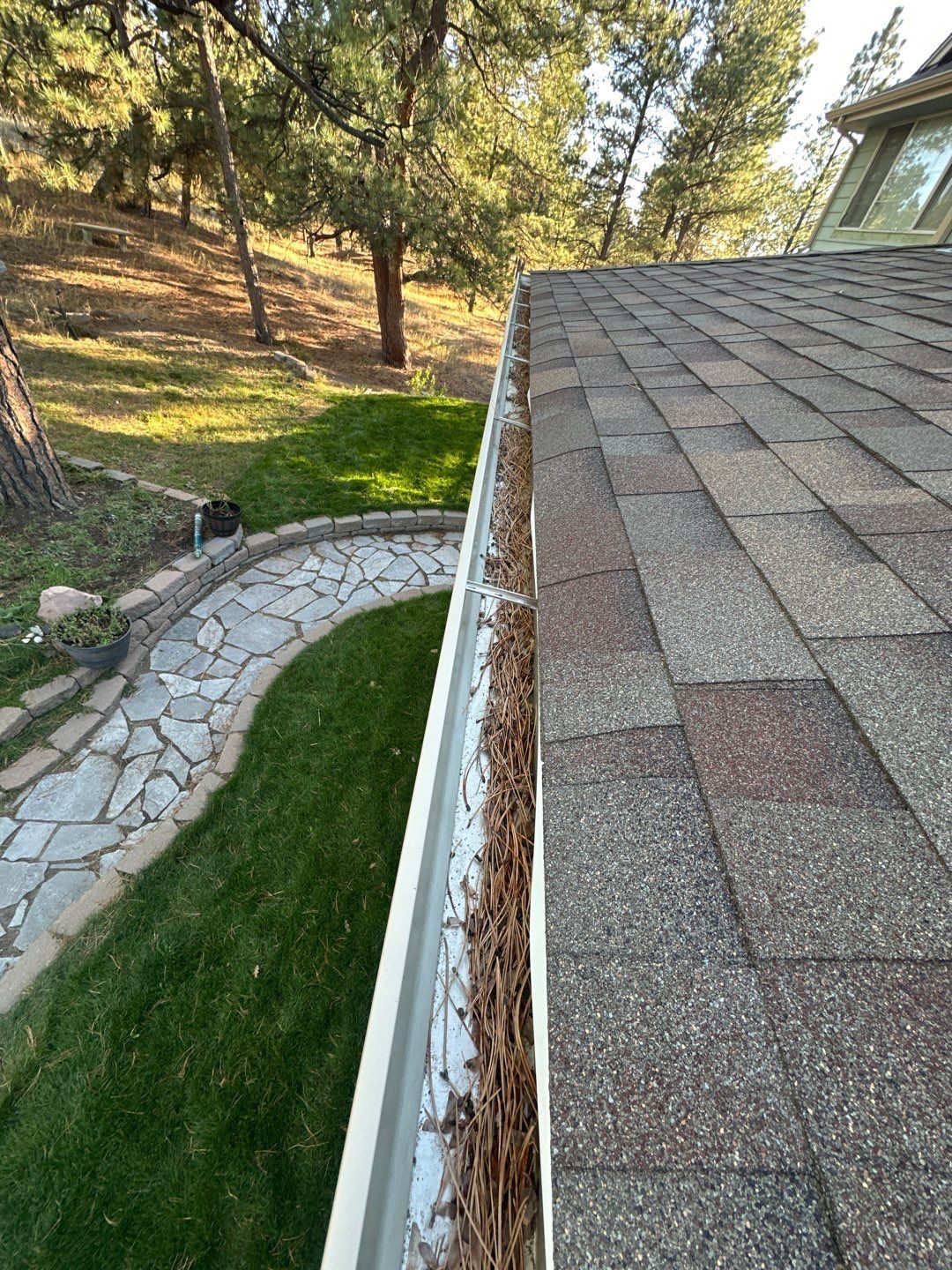 Shingle roof and gutter documented during a Bailey Roofing inspection on a Front Range home, February 2026